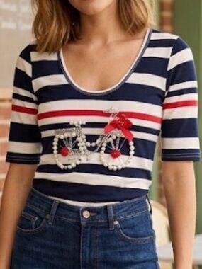 Ceres Red White Blue Striped Bicycle Embellished Top Pearl Rhinestone Bow Small